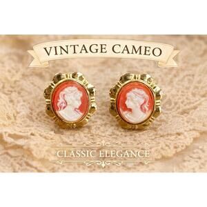 Vintage Cameo Stud Earrings Gold Tone Red White Lady Portrait Pair